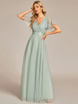 ever MISTE|Double V-Neck Floor-Length Short Sleeve Tulle Bridesmaid Dresses