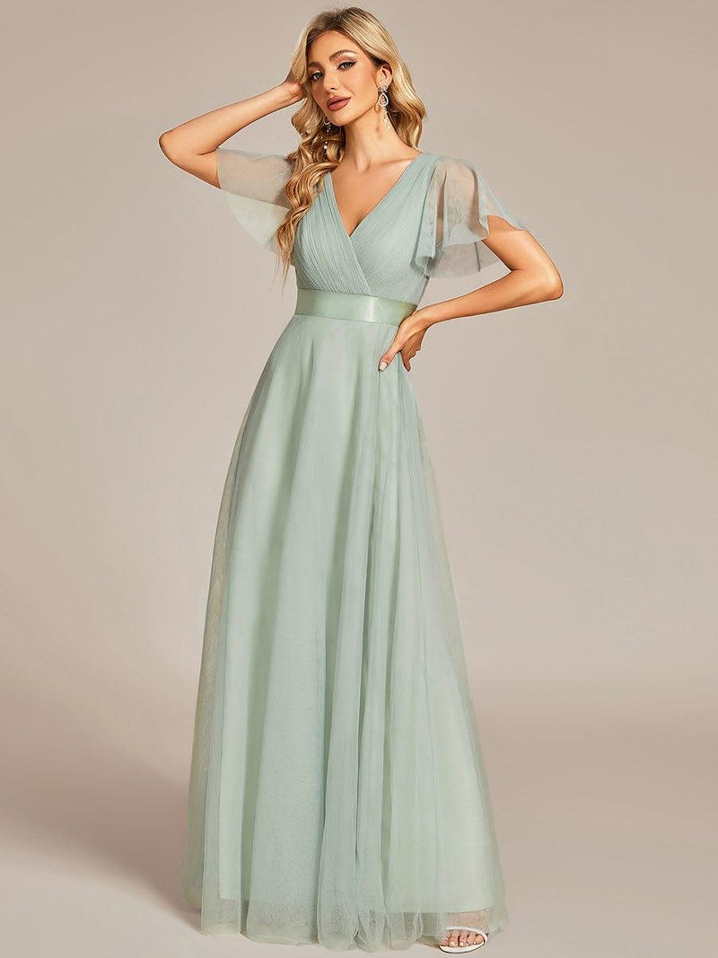 ever MISTE|Double V-Neck Floor-Length Short Sleeve Tulle Bridesmaid Dresses