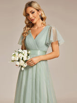 ever MISTE|Double V-Neck Floor-Length Short Sleeve Tulle Bridesmaid Dresses