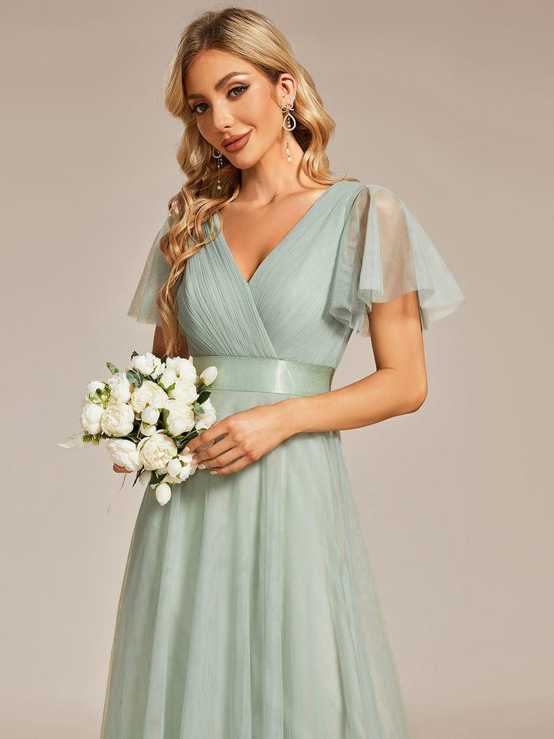 ever MISTE|Double V-Neck Floor-Length Short Sleeve Tulle Bridesmaid Dresses