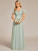 ever MISTE|Double V-Neck Floor-Length Short Sleeve Tulle Bridesmaid Dresses