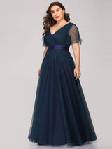 ever MISTE|Double V-Neck Floor-Length Short Sleeve Tulle Bridesmaid Dresses