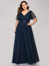 ever MISTE|Double V-Neck Floor-Length Short Sleeve Tulle Bridesmaid Dresses