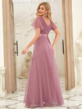 ever MISTE|Double V-Neck Floor-Length Short Sleeve Tulle Bridesmaid Dresses