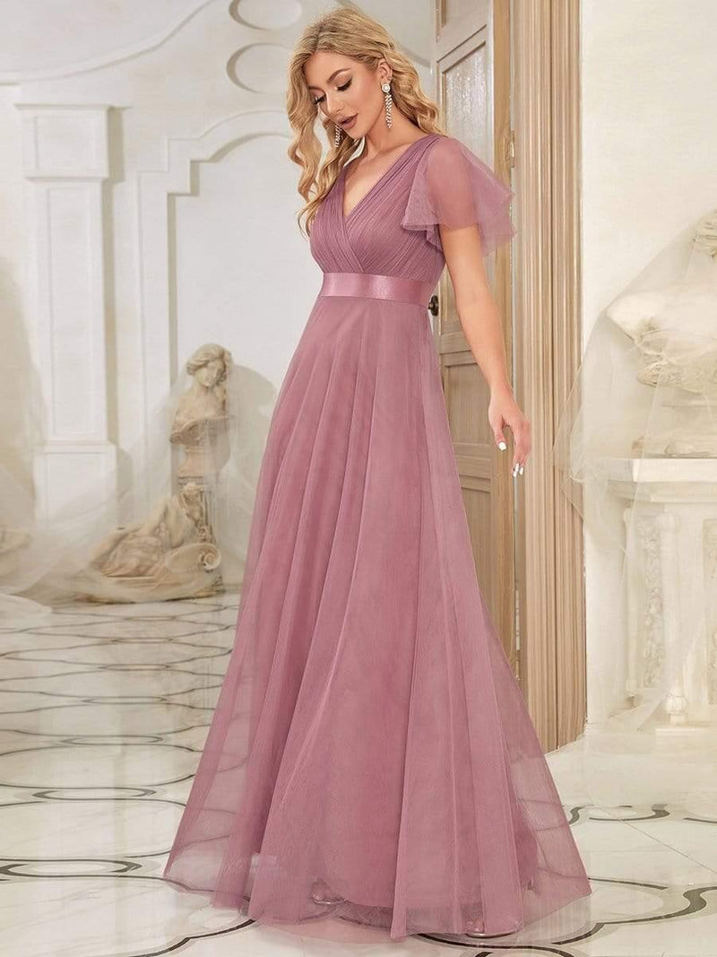 ever MISTE|Double V-Neck Floor-Length Short Sleeve Tulle Bridesmaid Dresses