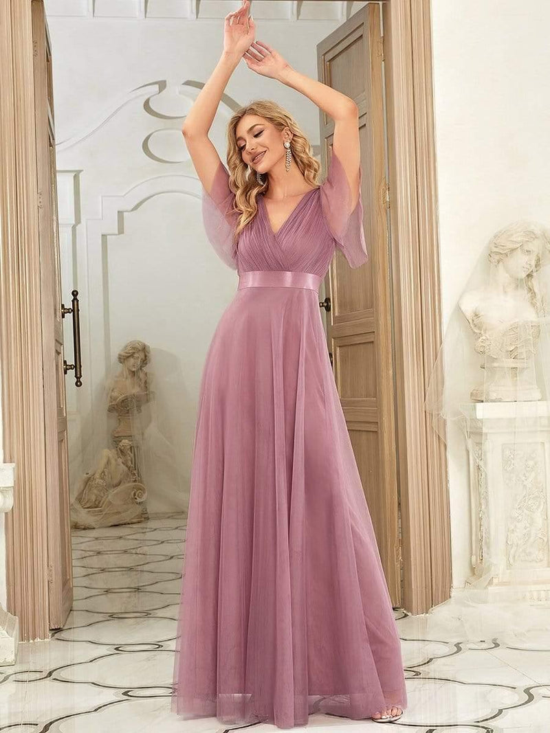 ever MISTE|Double V-Neck Floor-Length Short Sleeve Tulle Bridesmaid Dresses