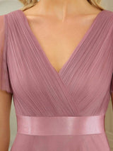 ever MISTE|Double V-Neck Floor-Length Short Sleeve Tulle Bridesmaid Dresses
