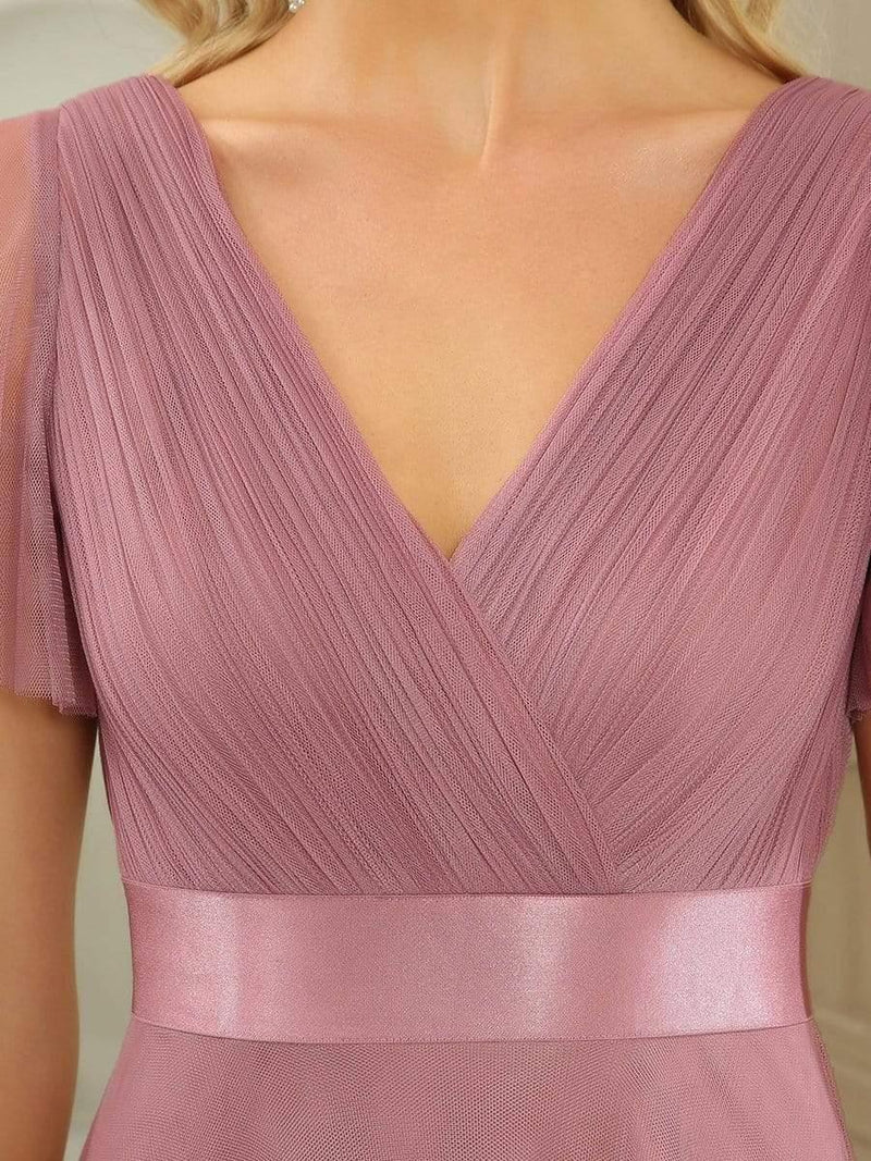 ever MISTE|Double V-Neck Floor-Length Short Sleeve Tulle Bridesmaid Dresses