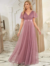 ever MISTE|Double V-Neck Floor-Length Short Sleeve Tulle Bridesmaid Dresses