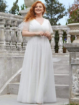 pretty MISTE|Women's Floor-Length Plus Size Formal Bridesmaid Dress with Short Sleeve