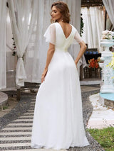 ever MISTE|Double V-Neck Floor-Length Short Sleeve Tulle Bridesmaid Dresses