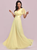 ever MISTE|Double V-Neck Floor-Length Short Sleeve Tulle Bridesmaid Dresses