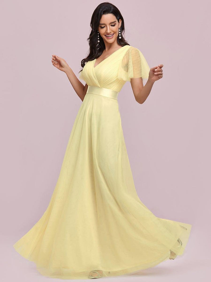 ever MISTE|Double V-Neck Floor-Length Short Sleeve Tulle Bridesmaid Dresses
