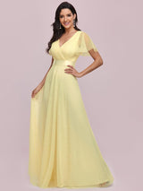 ever MISTE|Double V-Neck Floor-Length Short Sleeve Tulle Bridesmaid Dresses