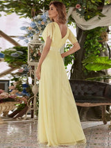 ever MISTE|Double V-Neck Floor-Length Short Sleeve Tulle Bridesmaid Dresses