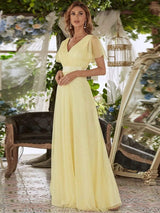 ever MISTE|Double V-Neck Floor-Length Short Sleeve Tulle Bridesmaid Dresses