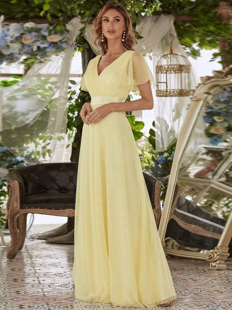 ever MISTE|Double V-Neck Floor-Length Short Sleeve Tulle Bridesmaid Dresses
