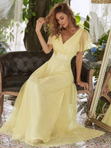 ever MISTE|Double V-Neck Floor-Length Short Sleeve Tulle Bridesmaid Dresses