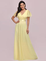 ever MISTE|Double V-Neck Floor-Length Short Sleeve Tulle Bridesmaid Dresses