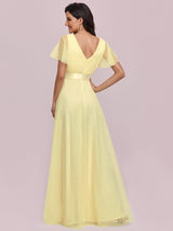 ever MISTE|Double V-Neck Floor-Length Short Sleeve Tulle Bridesmaid Dresses