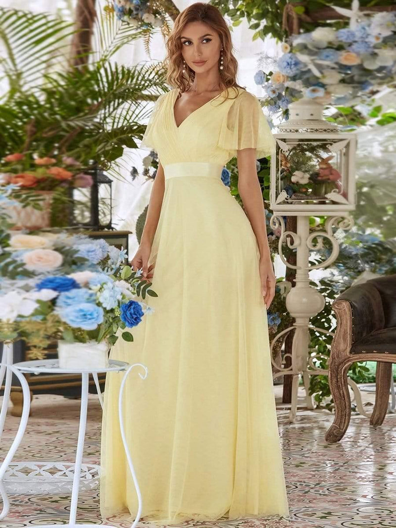 ever MISTE|Double V-Neck Floor-Length Short Sleeve Tulle Bridesmaid Dresses