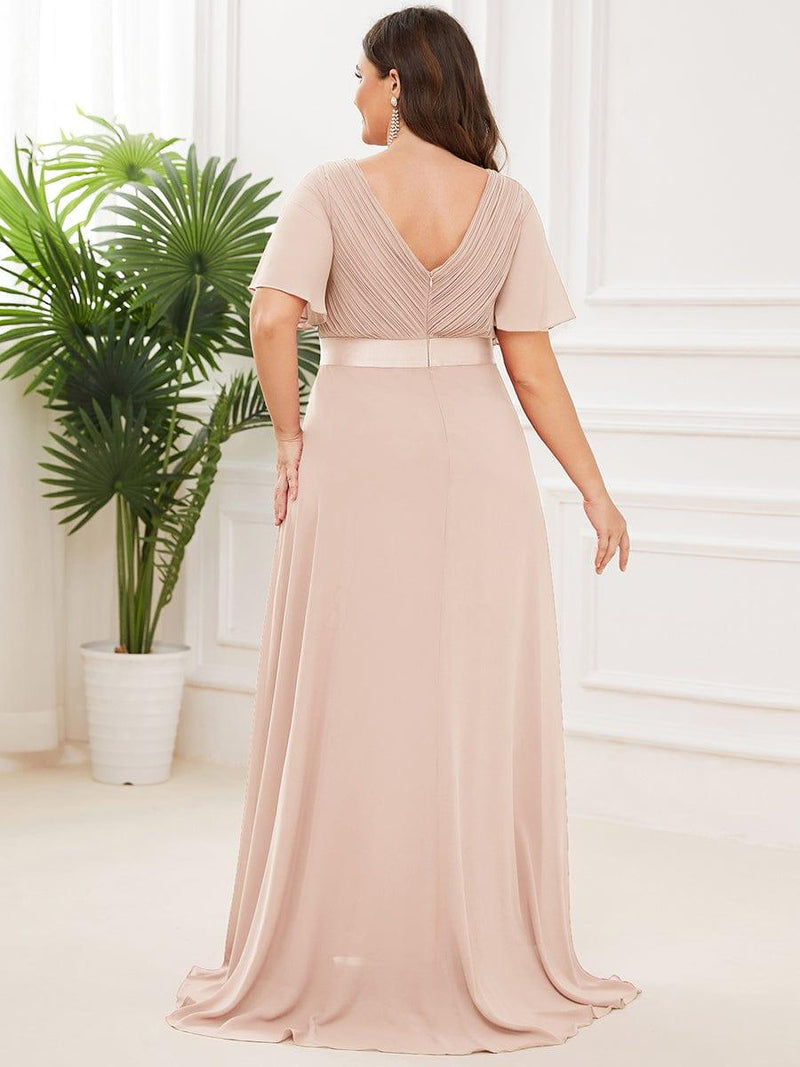 pretty MONICA|Plus Size Empire Waist V Back Bridesmaid Dress with Short Sleeves