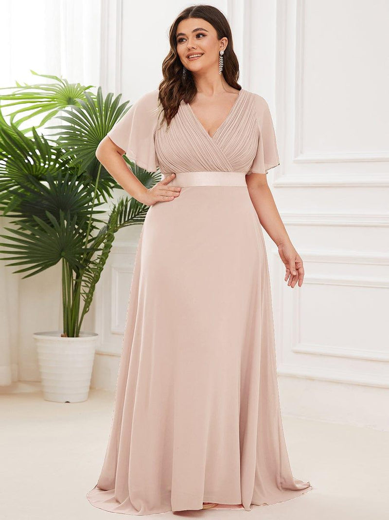 pretty MONICA|Plus Size Empire Waist V Back Bridesmaid Dress with Short Sleeves