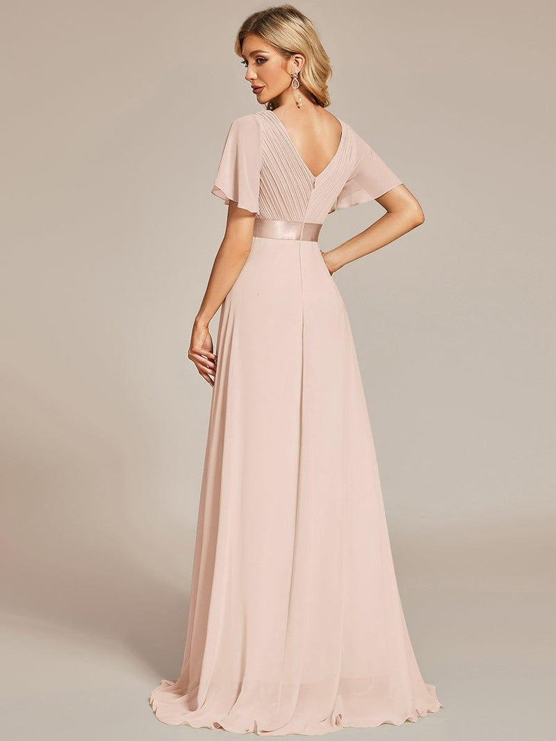 ever MONICA|Long Empire Waist Bridesmaid Dress with Short Flutter Sleeves