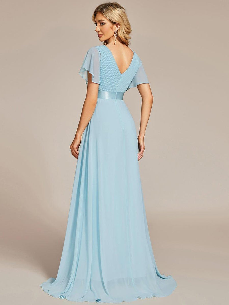 ever MONICA|Long Chiffon Empire Waist Bridesmaid Dress with Short Flutter Sleeves