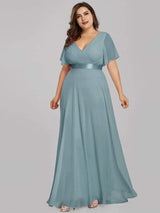 ever MONICA|Long Empire Waist Bridesmaid Dress with Short Flutter Sleeves