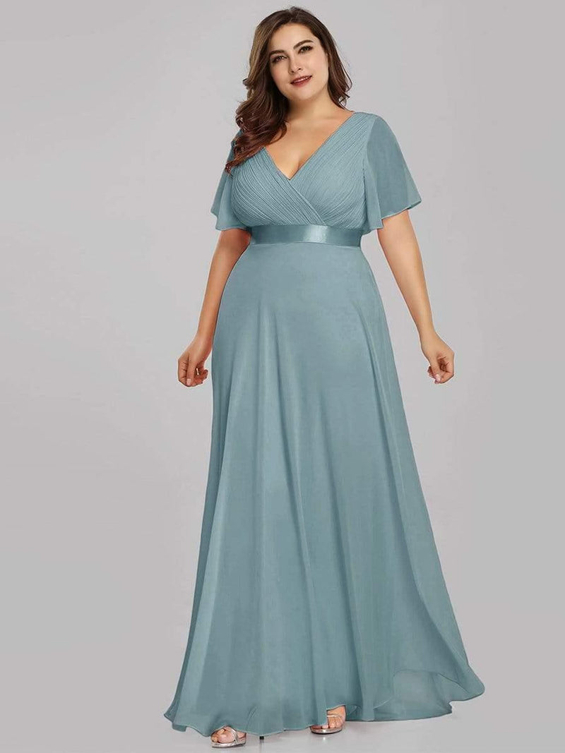 ever MONICA|Long Empire Waist Bridesmaid Dress with Short Flutter Sleeves