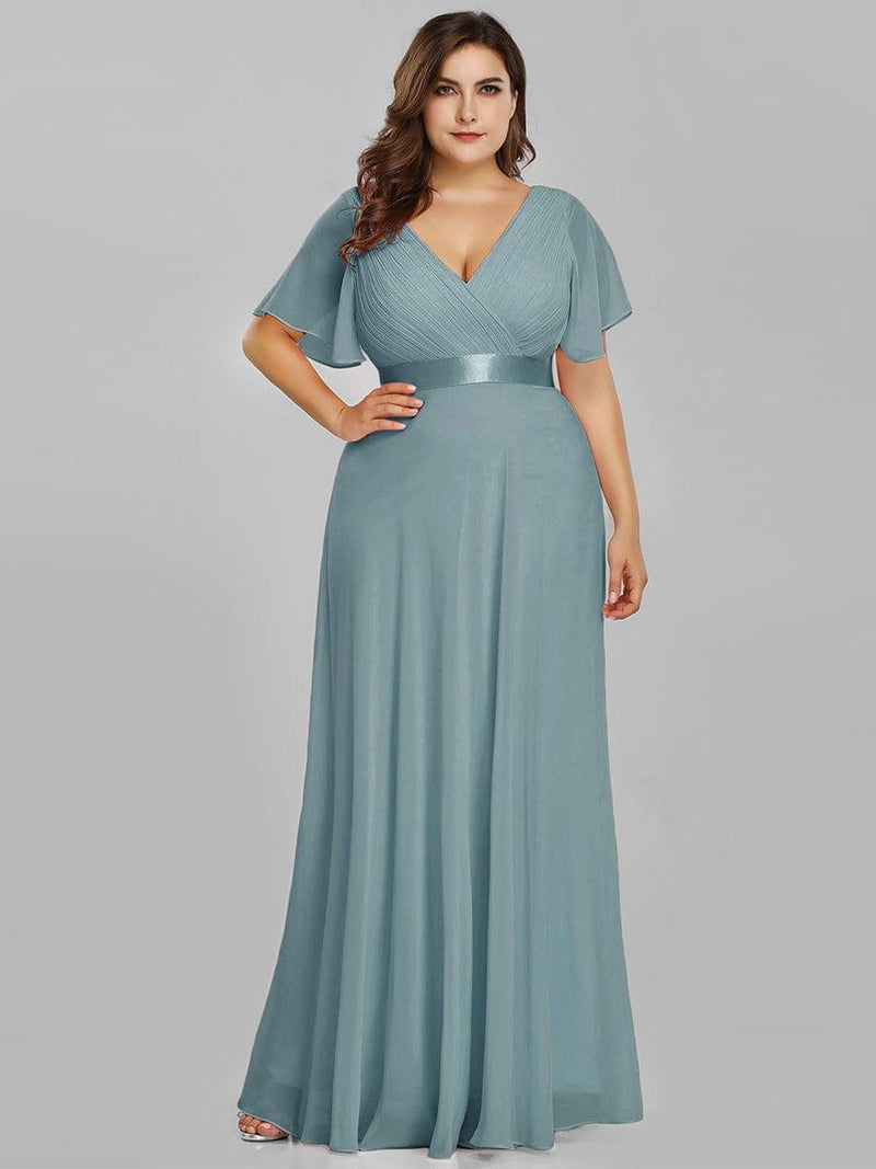 pretty MONICA|Plus Size Empire Waist V Back Bridesmaid Dress with Short Sleeves