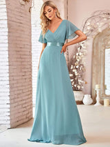ever MONICA|Long Empire Waist Bridesmaid Dress with Short Flutter Sleeves