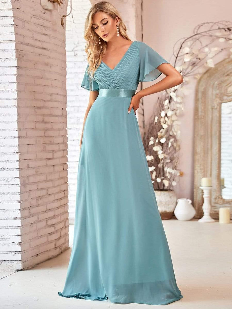 ever MONICA|Long Empire Waist Bridesmaid Dress with Short Flutter Sleeves