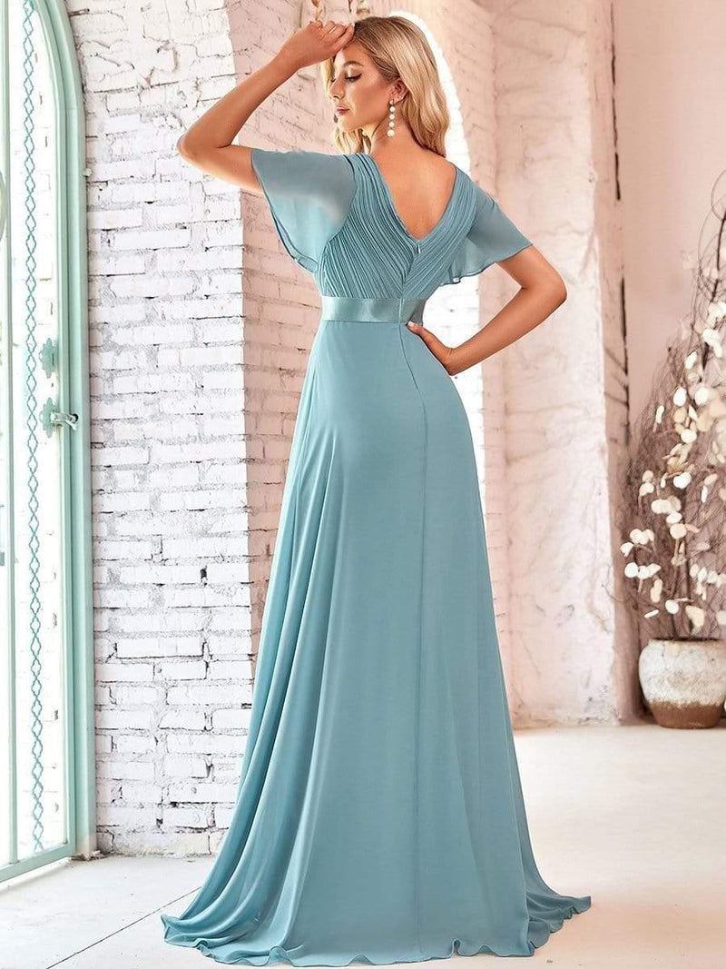 ever MONICA|Long Empire Waist Bridesmaid Dress with Short Flutter Sleeves