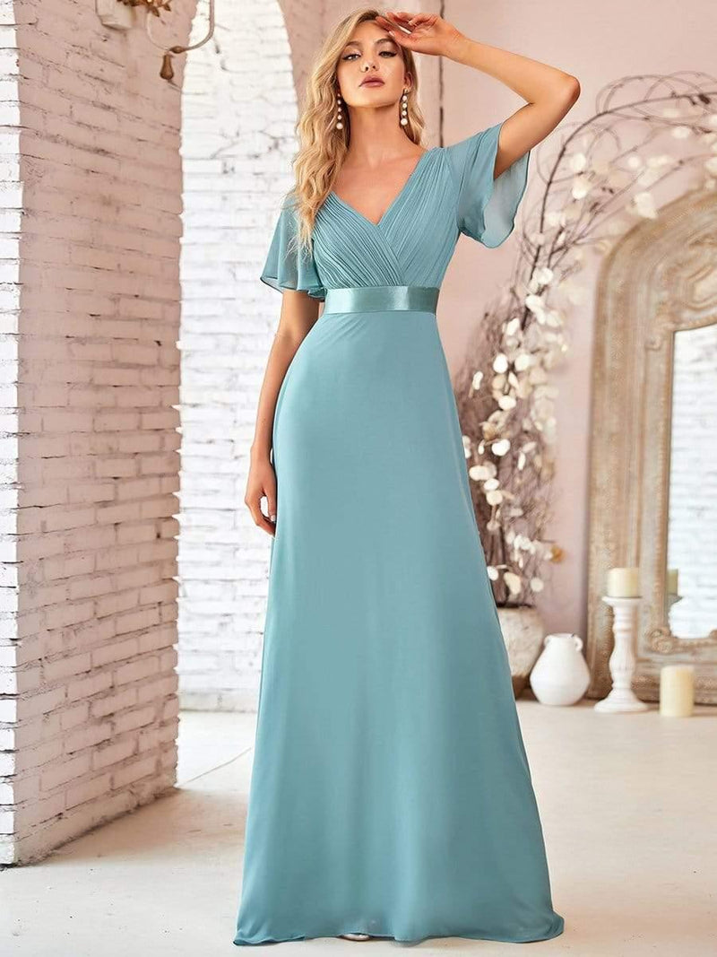 ever MONICA|Long Empire Waist Bridesmaid Dress with Short Flutter Sleeves