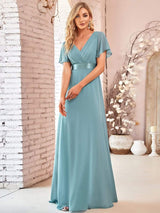 ever MONICA|Long Empire Waist Bridesmaid Dress with Short Flutter Sleeves