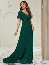 ever MONICA|Long Chiffon Empire Waist Bridesmaid Dress with Short Flutter Sleeves