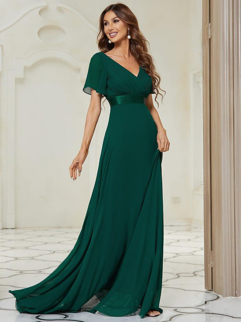 ever MONICA|Long Chiffon Empire Waist Bridesmaid Dress with Short Flutter Sleeves