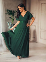 ever MONICA|Long Chiffon Empire Waist Bridesmaid Dress with Short Flutter Sleeves