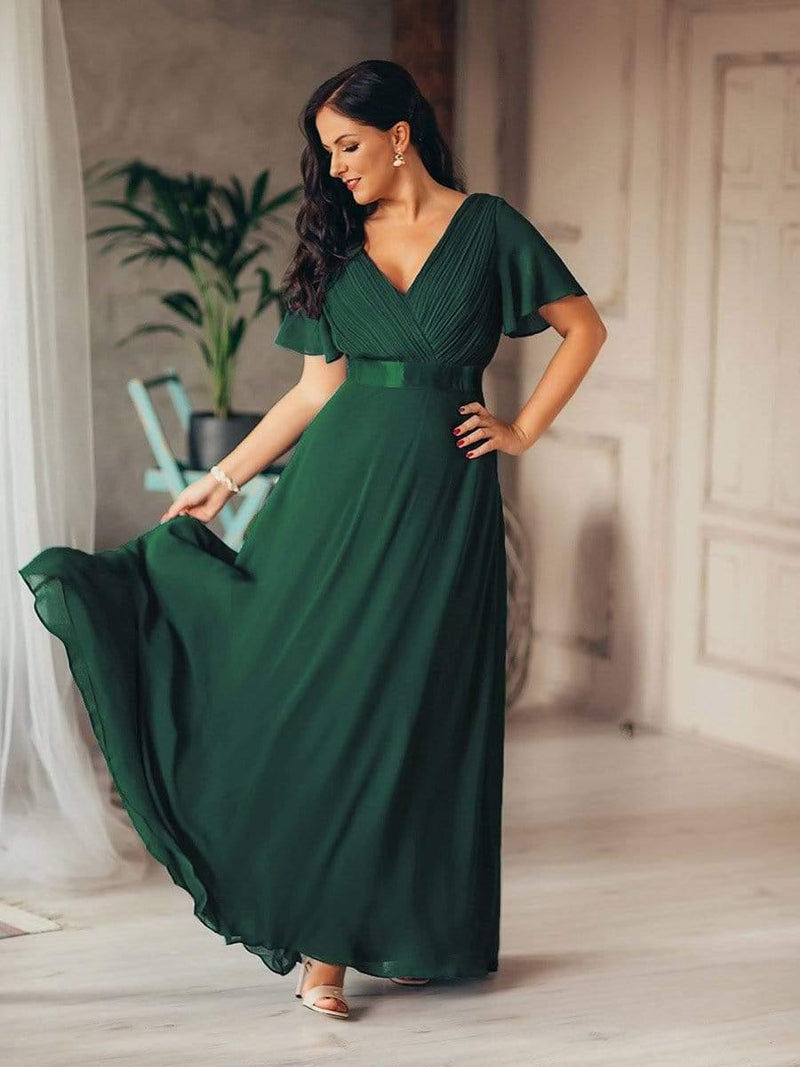 ever MONICA|Long Chiffon Empire Waist Bridesmaid Dress with Short Flutter Sleeves
