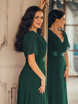 ever MONICA|Long Chiffon Empire Waist Bridesmaid Dress with Short Flutter Sleeves