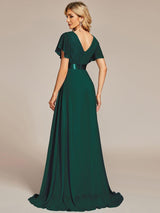 ever MONICA|Long Chiffon Empire Waist Bridesmaid Dress with Short Flutter Sleeves
