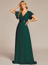 ever MONICA|Long Chiffon Empire Waist Bridesmaid Dress with Short Flutter Sleeves