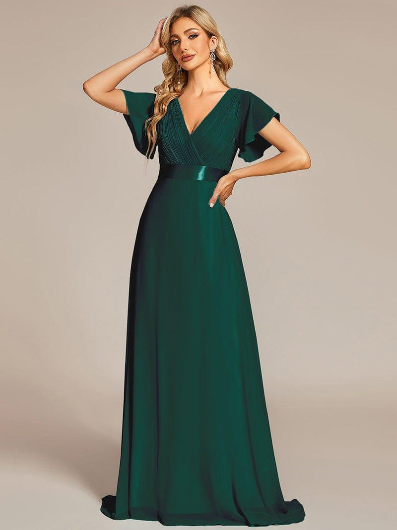 ever MONICA|Long Chiffon Empire Waist Bridesmaid Dress with Short Flutter Sleeves