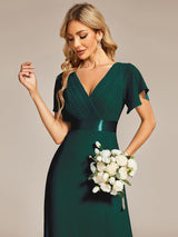 ever MONICA|Long Chiffon Empire Waist Bridesmaid Dress with Short Flutter Sleeves