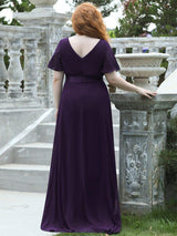 pretty MONICA|Plus Size Empire Waist V Back Bridesmaid Dress with Short Sleeves