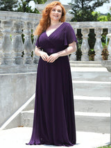 pretty MONICA|Plus Size Empire Waist V Back Bridesmaid Dress with Short Sleeves