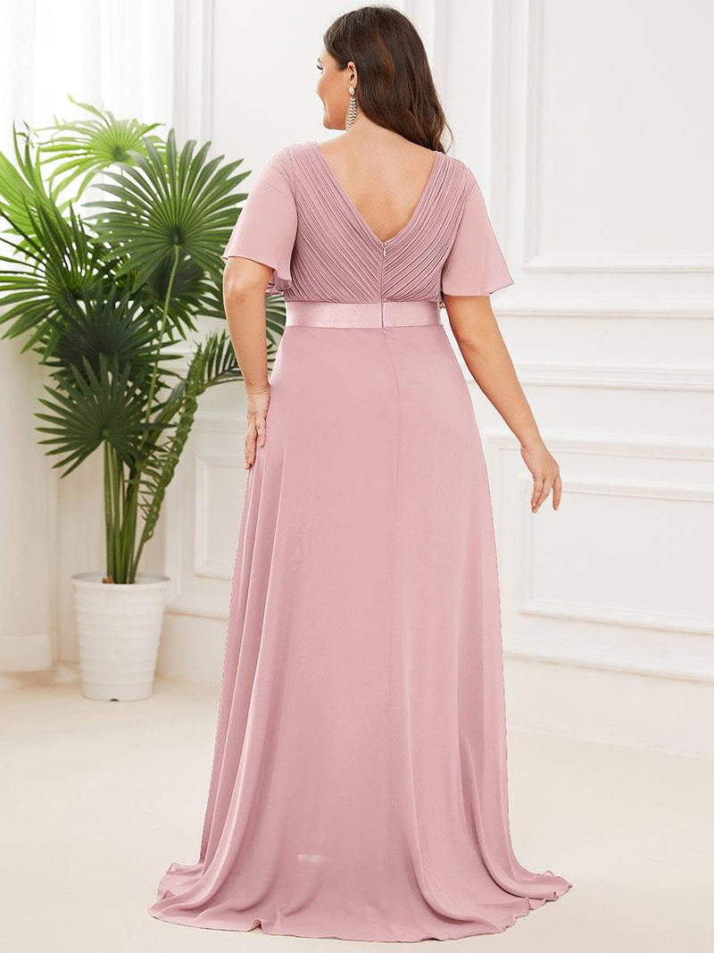 ever MONICA|Long Empire Waist Bridesmaid Dress with Short Flutter Sleeves
