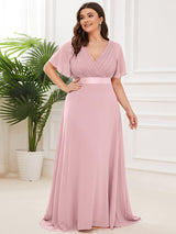 pretty MONICA|Plus Size Empire Waist V Back Bridesmaid Dress with Short Sleeves